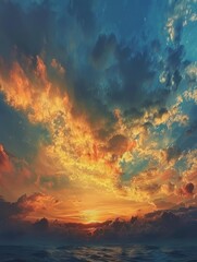 Naklejka premium Colorful Sunset Over Ocean With Dramatic Clouds