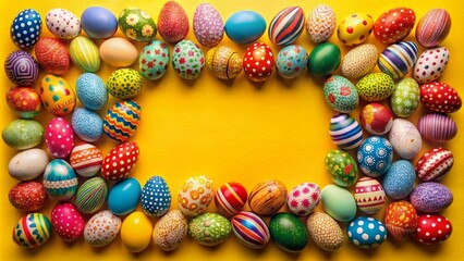 Fototapeta premium Vibrant Easter decorated eggs in various colors and patterns sit inside a decorative frame border on a bright yellow background, perfect for a festive holiday card.