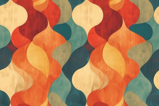Abstract geometric seamless pattern with vintage wooden texture in orange, red, teal and yellow colors. Retro mid-century modern design. Wallpaper or textile print.
