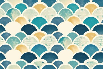 Seamless pattern of blue, teal, yellow, and white fish scales, perfect for a nautical, marine, or...