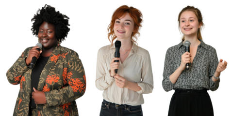 PNG diverse A women holding microphone cut out element set