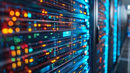 Close-up view of a server rack with glowing lights, representing data storage and processing.
