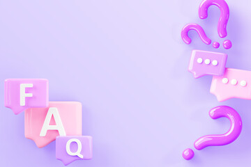 3d faq speech bubble icons render purple background. Question answer communication social dialogue banner with color rectangular chat message boxes, ask or doubt signs and empty space. 3D illustration