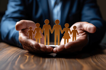 Businessman Protecting Family and Employees with Hands Holding Paper Cutout Figures Safe Community Concept Office Desk