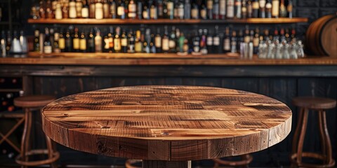 Obraz premium Round wooden table with a beautiful empty surface showcased against a wine bar backdrop for product display banner