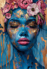 Surreal Portrait of Blue-Skinned Woman with Flowers, Gold Glitter and Leaf Accents, Vibrant Oil Painting