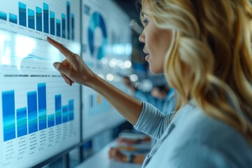 A professional woman is pointing at bar graphs and data analytics displayed on a screen in a modern office environment