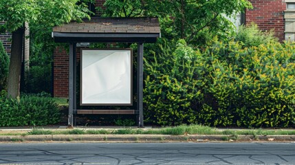 Blank poster on a bus shelter in a suburban neighborhood