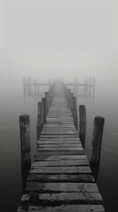 Obraz premium An empty pier fades into the fog creating a sense of desolation and abandonment in the harbor. Black and white art