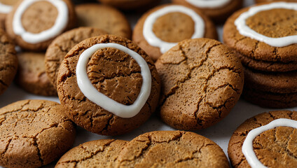 Fototapeta premium The image shows a close-up of a pile of brown cookies with white chocolate chips on top.