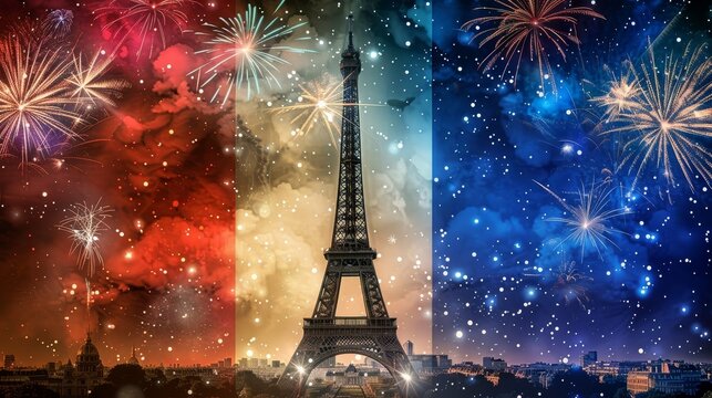 A breathtaking stock photo capturing the iconic Eiffel Tower illuminated at night, adorned with dazzling fireworks bursting in vibrant colors, against the backdrop of a French flag
