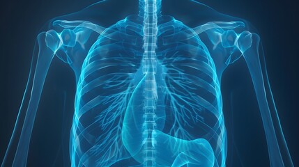 X-Ray of a Chest: X-ray image of a human chest, displaying ribs, lungs, and heart outline. --ar 16:9
