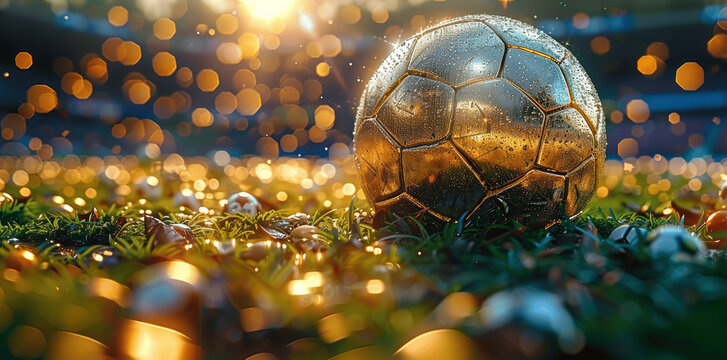 Gold Football Ball on Grass Field Stadium with Confetti Winning Celebration UEFA Championship 2024