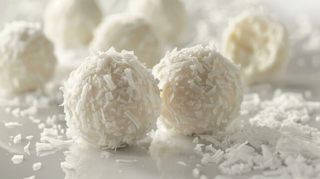 White chocolate candy ball covered in coconut flakes. Ready to eat.