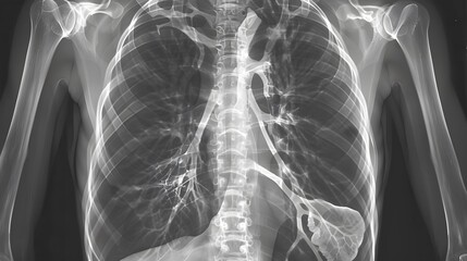 X-Ray of a Chest: X-ray image of a human chest, displaying ribs, lungs, and heart outline. --ar 16:9