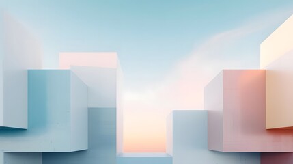 Fototapeta premium Abstract pastel cityscape with geometric shapes and soft gradients depicting modern urban design under a serene sky.