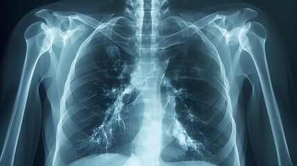 X-Ray of a Chest: X-ray image of a human chest, displaying ribs, lungs, and heart outline. --ar 16:9