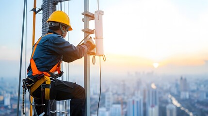 Engineer with safety gear working on a telecommunications tower at high altitude, with a cityscape in the background during sunset.