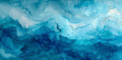 Abstract Blue Watercolor Background with Turquoise Teal Colors Calm Water Waves Underwater Blurry Texture Aqua Sky Clouds Ocean Illustration Banner