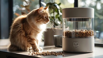 Cat beside automatic pet feeder in a cozy home