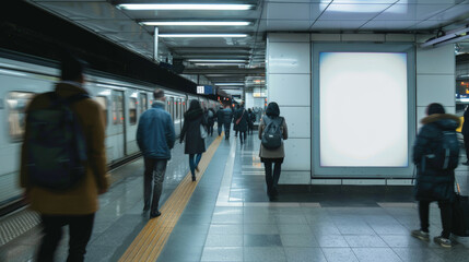 Blank white billboard mockup in a bustling subway station