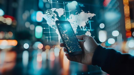 Hand holding smartphone with digital world map overlay, representing global connectivity and technology in a modern cityscape.