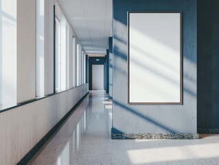 Empty poster frame mockup in a university campus corridor