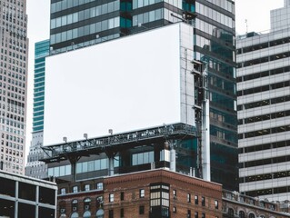 Obraz premium Large blank billboard mockup on a high-rise building in a financial district