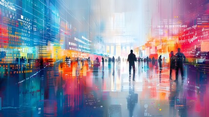 Obraz premium Vibrant urban abstract digital cityscape with silhouettes of people, dynamic lights and colors, creating a futuristic and dynamic atmosphere.