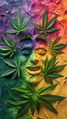 Obraz premium Marijuana Leaves Smile on Rainbow Background