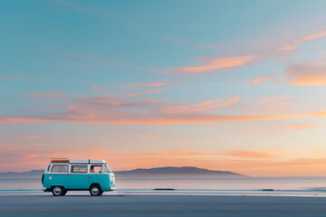 Vintage van parked by the beach at sunset with a beautiful sky filled with pastel hues, perfect for travel and adventure themes.