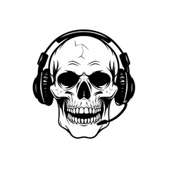 Fototapeta premium Skull Wearing Headphones Illustration, Black and white illustration of a skull wearing headphones, combining a macabre theme with modern audio gear. 