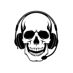 Obraz premium Skull Wearing Headphones Illustration, Black and white illustration of a skull wearing headphones, combining a macabre theme with modern audio gear. 
