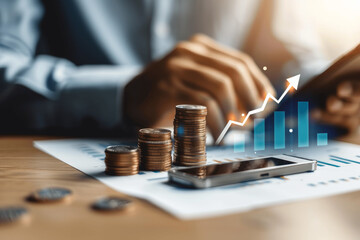 Smartphone Businessman Analyzing Growth and ROI with Coin Stack Chart on Wooden Table Income Investment Strategy Profit Market