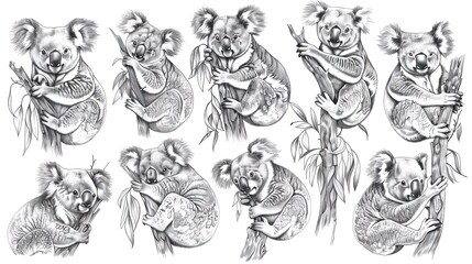 Obraz premium Collection of koalas clinging to eucalyptus branches. Black and white hand-drawn illustration. Wildlife and animal art concept for design and print. Design for wallpaper, poster, greeting card.