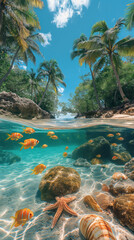 Discovering tropical underwater beauty with colorful marine life and palm trees is stunning