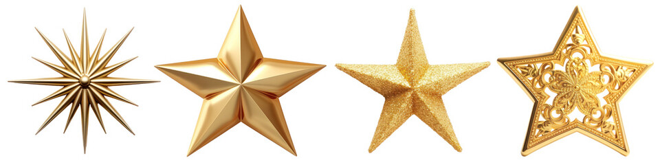 Golden decorative star ornaments png set