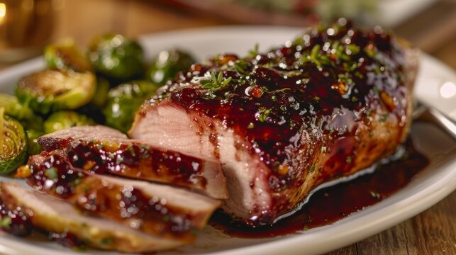 A succulent roasted pork loin topped with a wild berry glaze and served with a side of roasted Brussels sprouts.