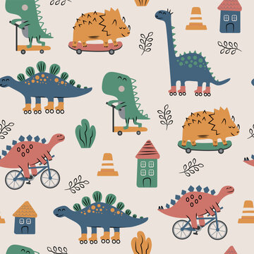 Dinosaurs in the cite seamless pattern. Cute cartoon dino on a skateboard, bike, rollers, scooter in flat style.