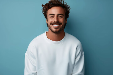 Obraz premium Handsome young man in white sweatshirt smiling against blue background, mockup template for t-shirt design