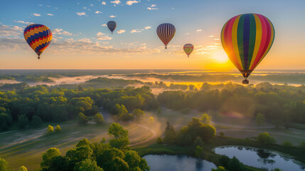 Fototapeta premium Colorful Hot Air Balloons Floating at Sunrise