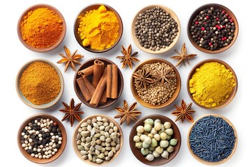 Colorful, aromatic spices and herbs in wooden bowls, shot from above on white background. Ingredients for cooking, baking, and flavoring dishes.