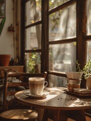 A Cup of Coffee by the Window in a Sunny Cafe