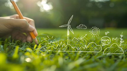 Hand-painted green energy symbols on lush grass convey sustainable business practices, green tech innovations, and eco-friendly workspaces