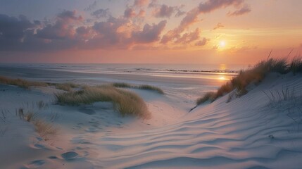 A serene sunset over a sandy beach with dunes