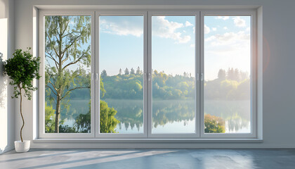 Design ideas for windows for maximizing natural light, house, apartment, design, architecture, interior, windows, glass doors, daytime, light, ornamental plants, curtains, sky, sunlight, AI-generated.