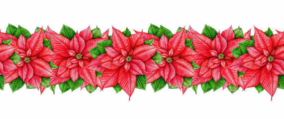 Winter season poinsettia seamless border. Watercolor vintage style illustration. Christmas time painted traditional decor from poinsettia flowers. Winter time festive decor on white background
