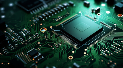 Fototapeta premium Close-up view of a printed circuit board with visible electronic components
