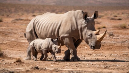 Fototapeta premium A rhinoceros cow and her calf walking away in the Etosha desert, showcasing their bond and the vast, arid landscape