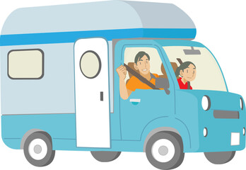 キャンピングカーに乗った親子のイラスト
